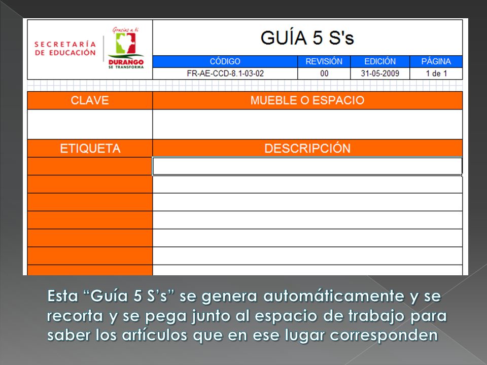 Esta Guía 5 S’s se genera automáticamente y se recorta y se pega junto al espacio de trabajo para saber los artículos que en ese lugar corresponden
