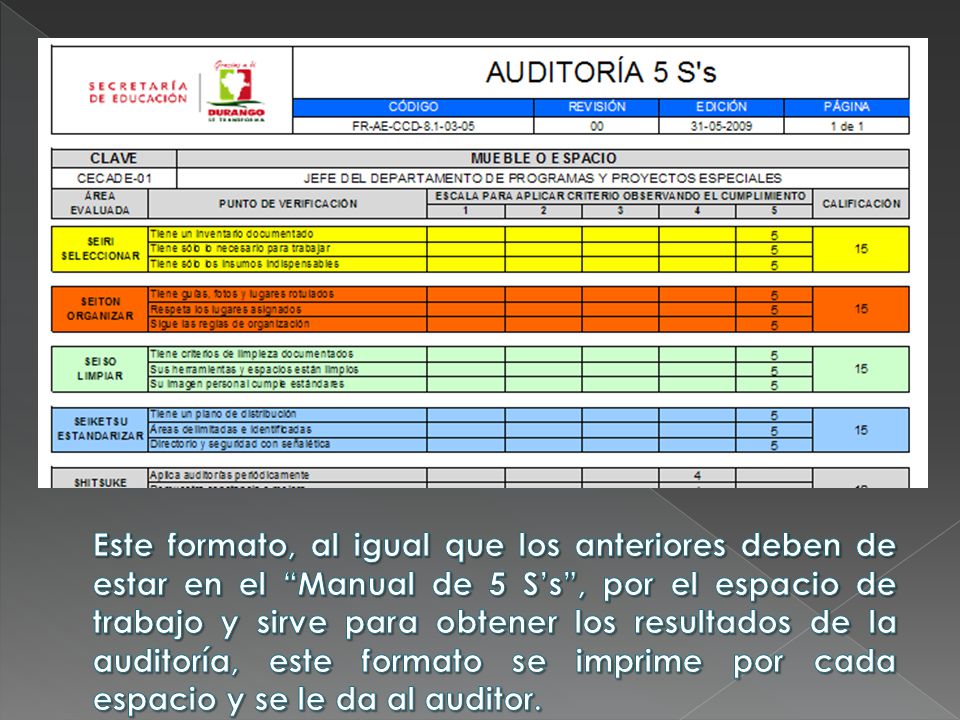 Este formato, al igual que los anteriores deben de estar en el Manual de 5 S’s , por el espacio de trabajo y sirve para obtener los resultados de la auditoría, este formato se imprime por cada espacio y se le da al auditor.