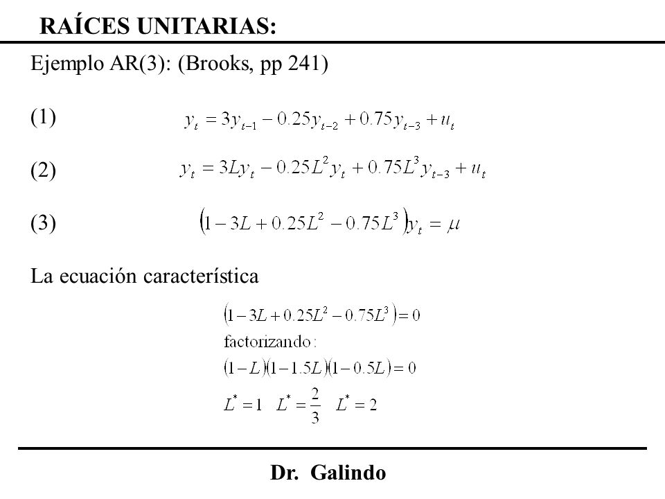 RAÍCES UNITARIAS: Ejemplo AR(3): (Brooks, pp 241) (1) (2) (3)