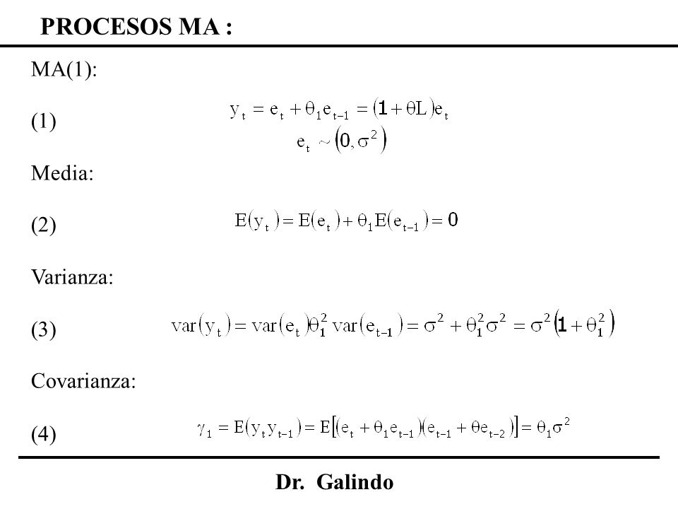 PROCESOS MA : Dr. Galindo MA(1): (1) Media: (2) Varianza: (3)