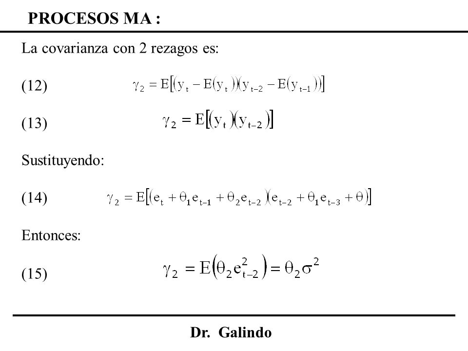 PROCESOS MA : La covarianza con 2 rezagos es: (12) (13) Sustituyendo: