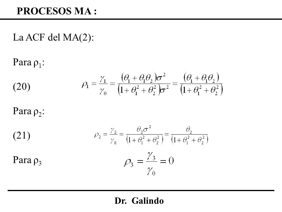 PROCESOS MA : La ACF del MA(2): Para ρ1: (20) Para ρ2: (21) Para ρ3