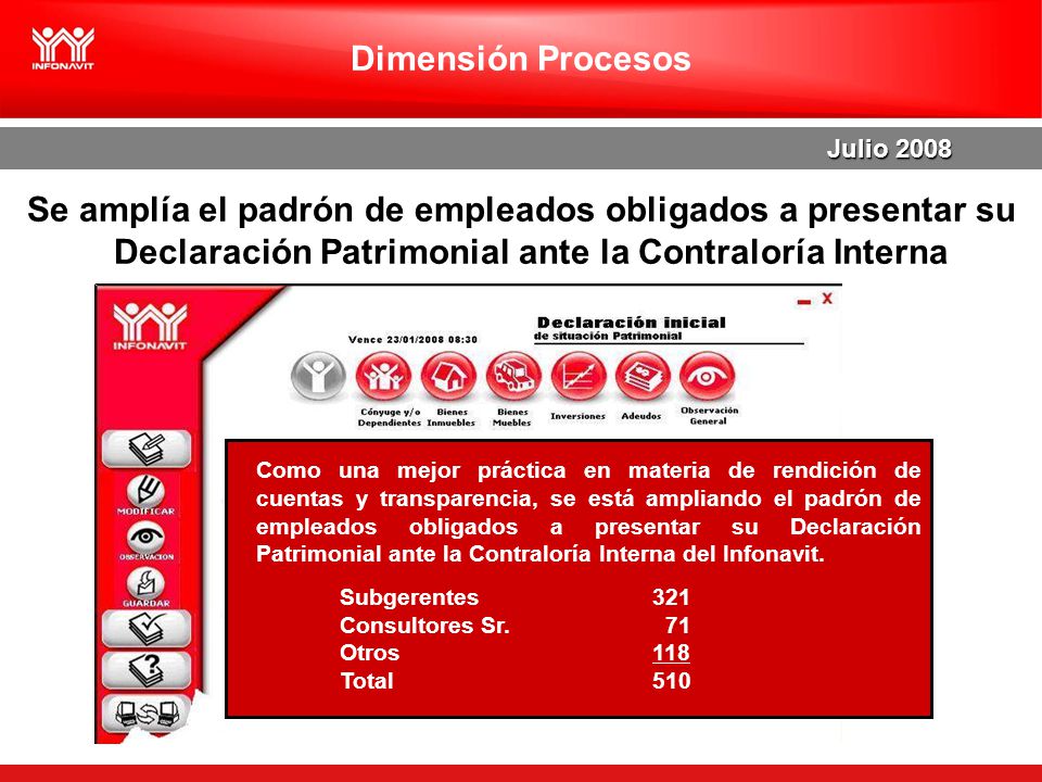 Dimensión Procesos Julio Se amplía el padrón de empleados obligados a presentar su Declaración Patrimonial ante la Contraloría Interna.