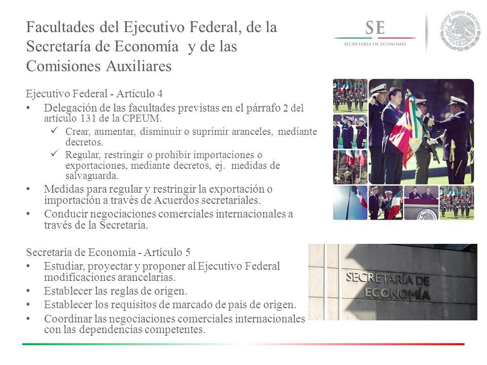 Facultades del Ejecutivo Federal, de la Secretaría de Economía y de las Comisiones Auxiliares