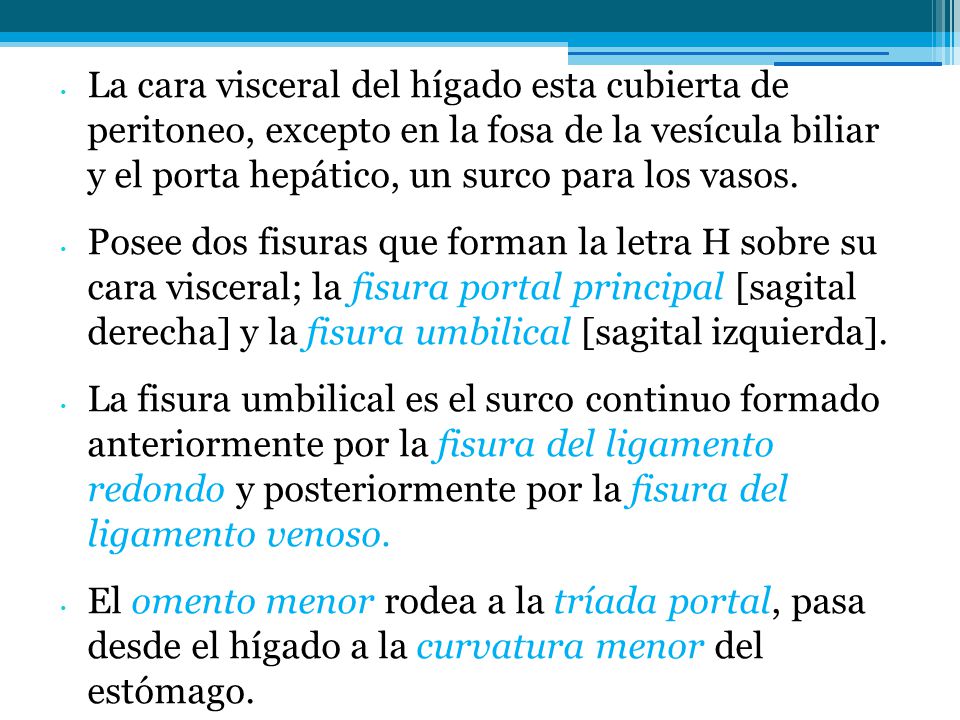 La cara visceral del hígado esta cubierta de peritoneo, excepto en la fosa de la vesícula biliar y el porta hepático, un surco para los vasos.