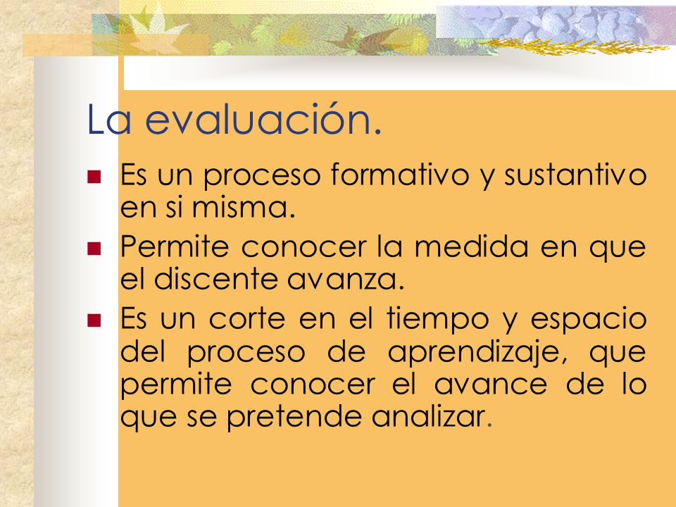 La evaluación. Es un proceso formativo y sustantivo en si misma.