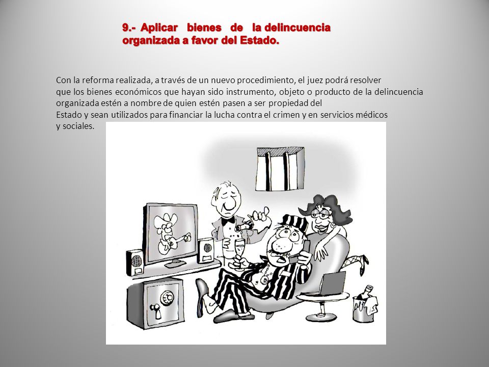 9.- Aplicar bienes de la delincuencia organizada a favor del Estado.