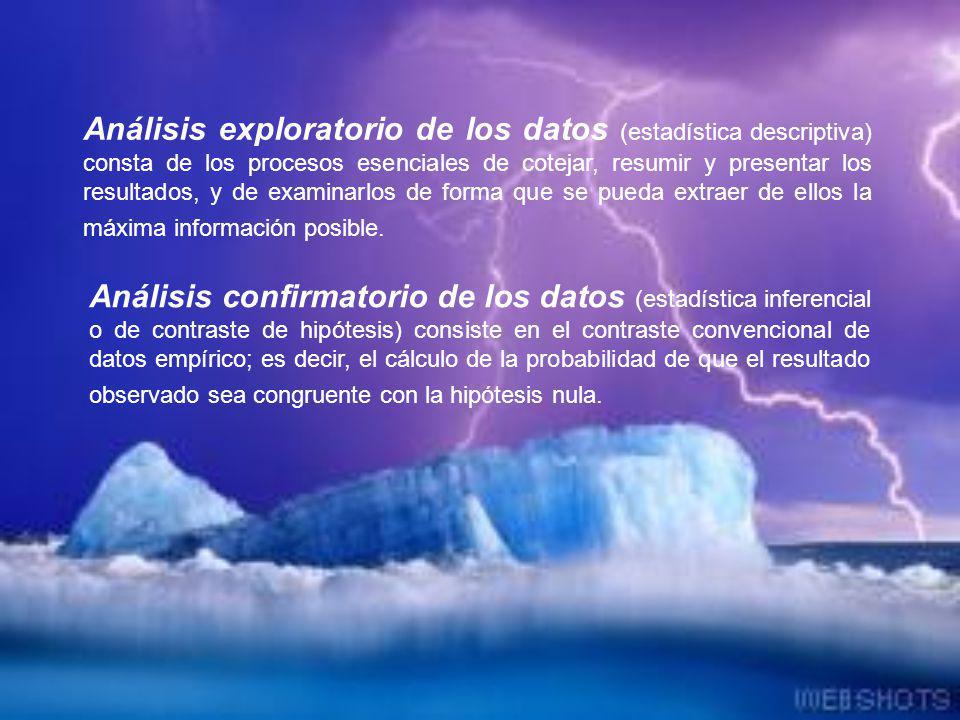 Análisis exploratorio de los datos (estadística descriptiva) consta de los procesos esenciales de cotejar, resumir y presentar los resultados, y de examinarlos de forma que se pueda extraer de ellos la máxima información posible.