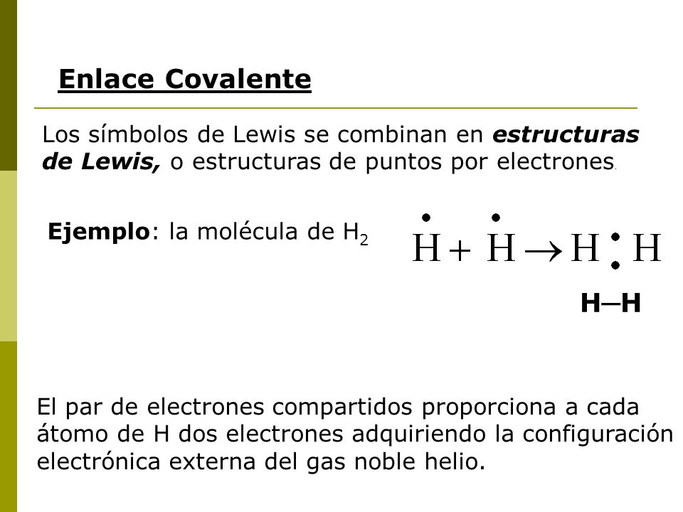 Enlace Covalente Los símbolos de Lewis se combinan en estructuras de Lewis, o estructuras de puntos por electrones.