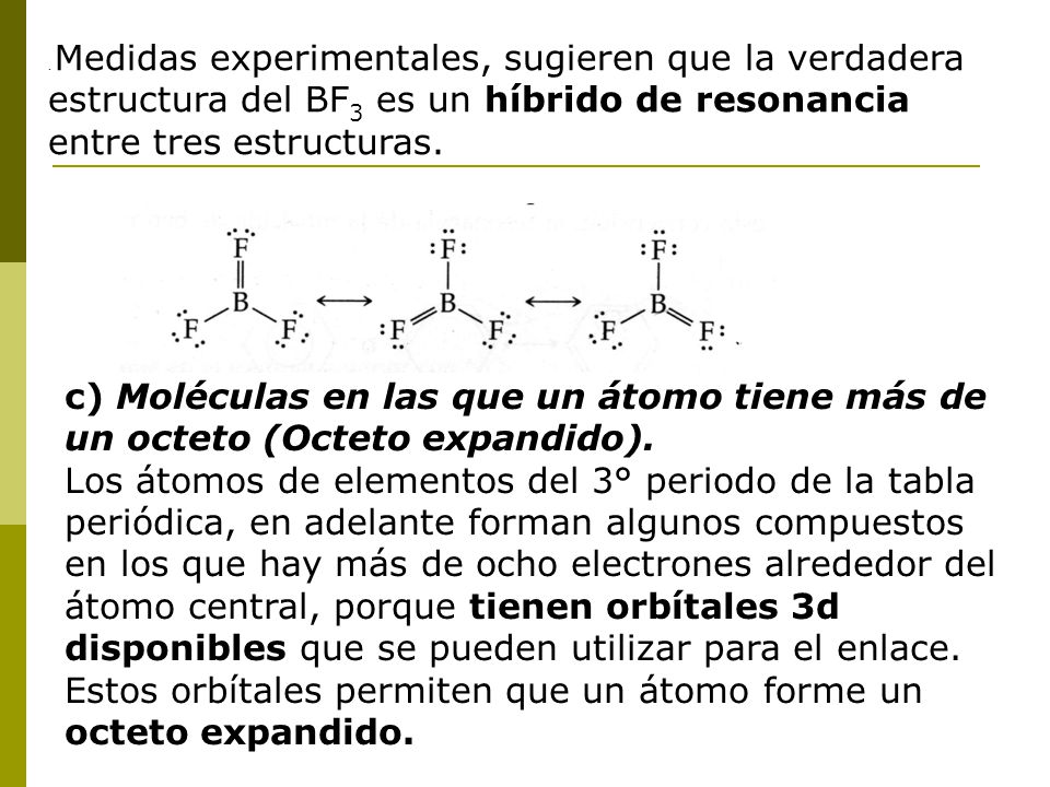 . Medidas experimentales, sugieren que la verdadera estructura del BF3 es un híbrido de resonancia entre tres estructuras.