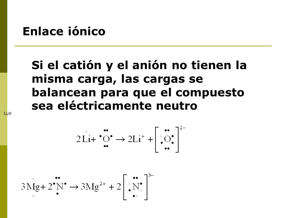 Enlace iónico Si el catión y el anión no tienen la misma carga, las cargas se balancean para que el compuesto sea eléctricamente neutro.