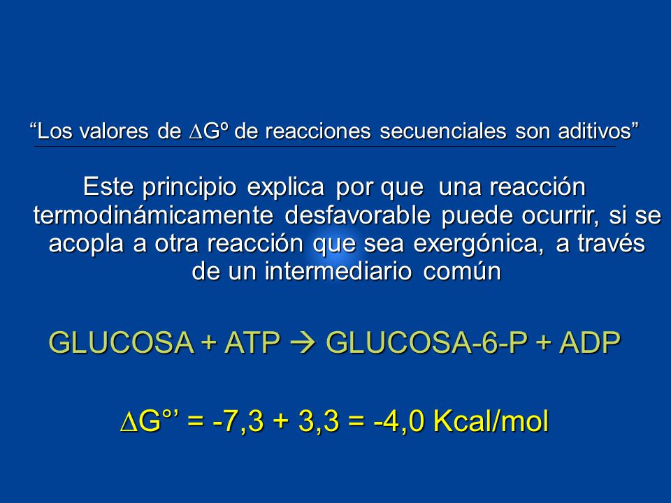 GLUCOSA + ATP  GLUCOSA-6-P + ADP ∆G°’ = -7,3 + 3,3 = -4,0 Kcal/mol
