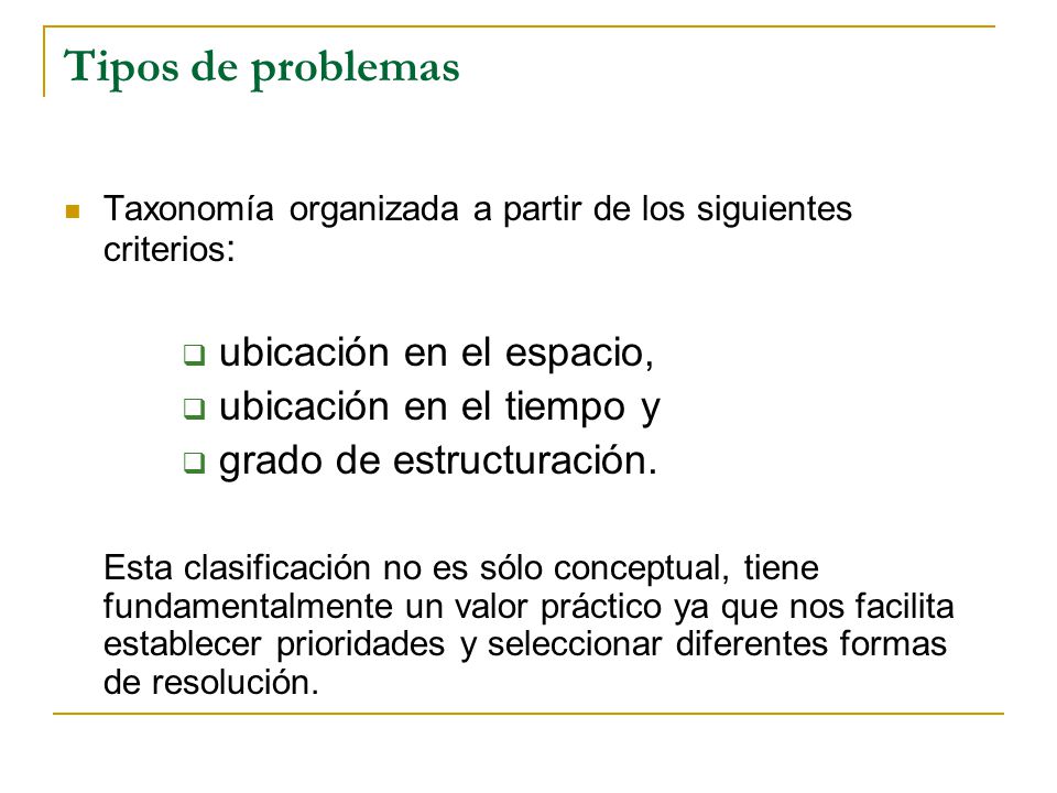 Tipos de problemas ubicación en el espacio, ubicación en el tiempo y