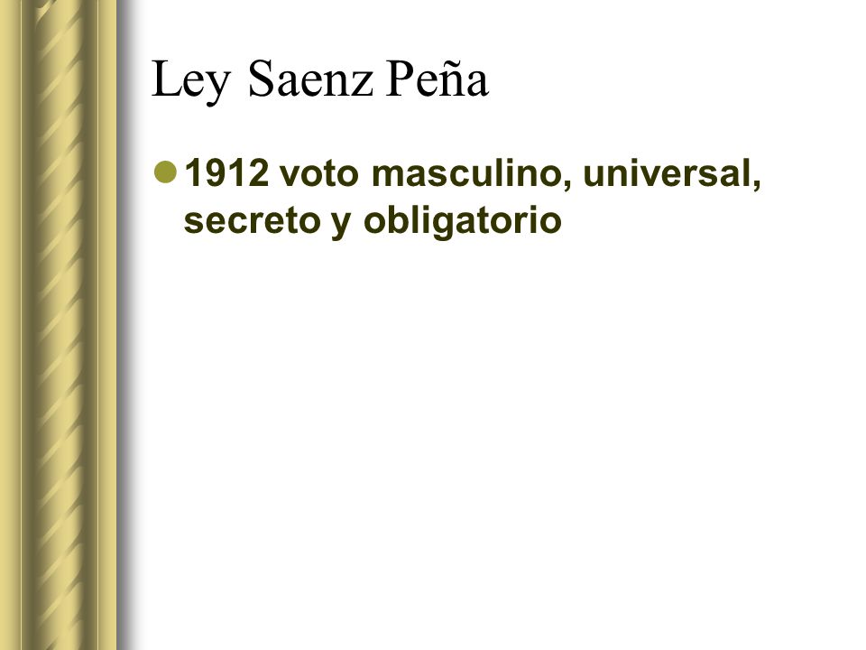 Ley Saenz Peña 1912 voto masculino, universal, secreto y obligatorio