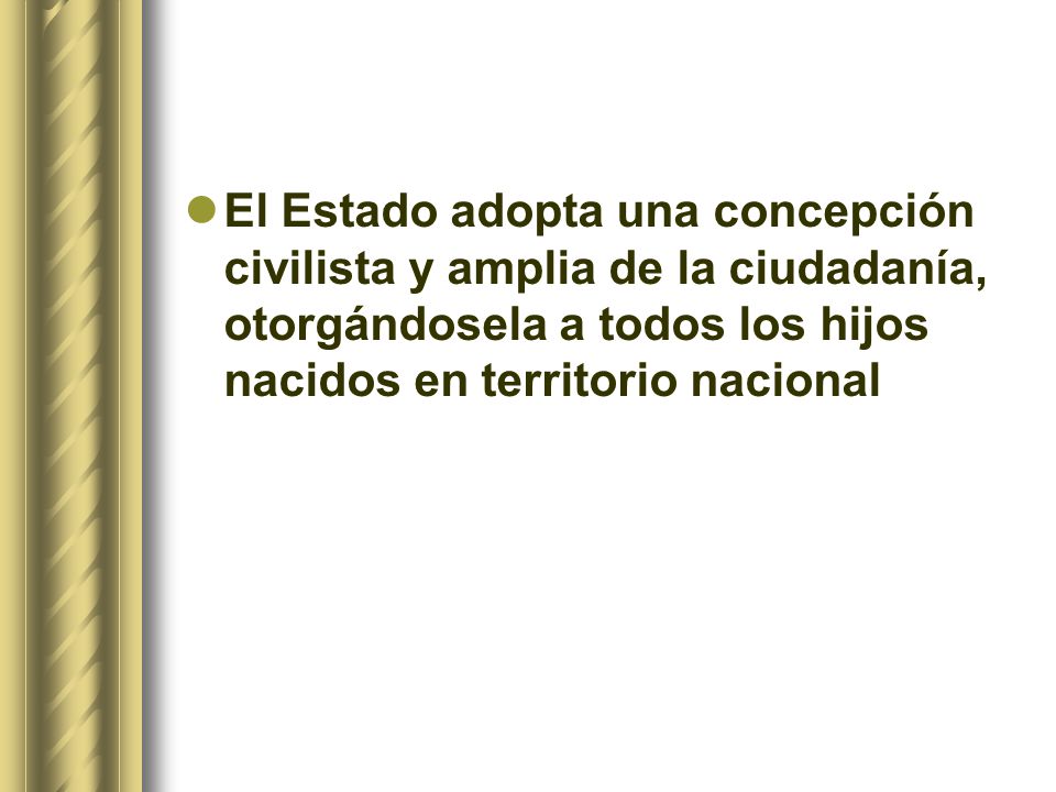 El Estado adopta una concepción civilista y amplia de la ciudadanía, otorgándosela a todos los hijos nacidos en territorio nacional