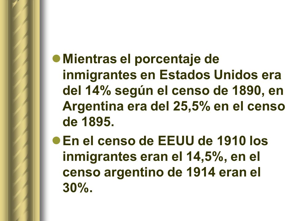 Mientras el porcentaje de inmigrantes en Estados Unidos era del 14% según el censo de 1890, en Argentina era del 25,5% en el censo de 1895.