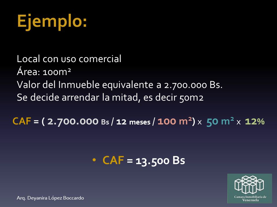 CAF = ( Bs / 12 meses / 100 m2) x 50 m2 x 12%