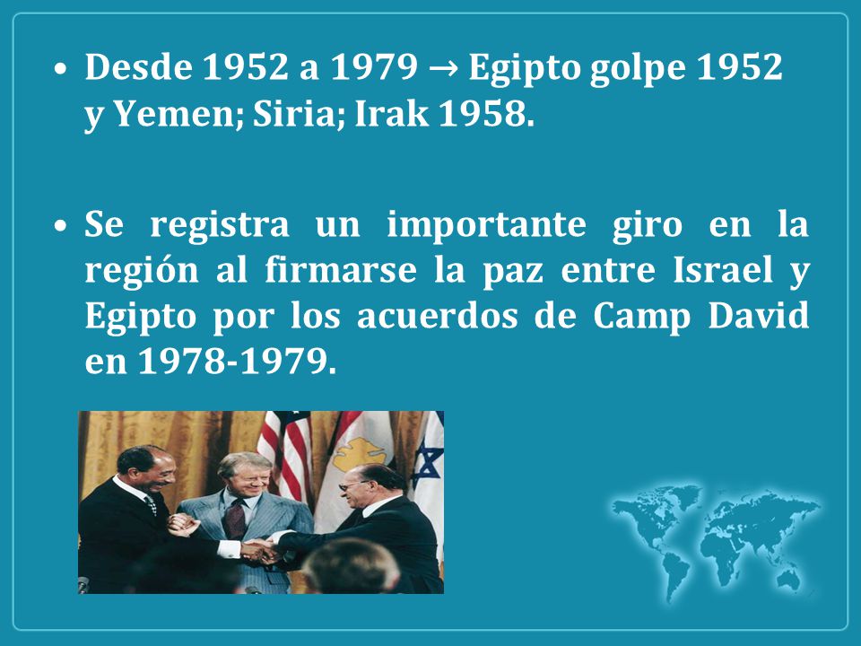 Desde 1952 a 1979 → Egipto golpe 1952 y Yemen; Siria; Irak 1958.