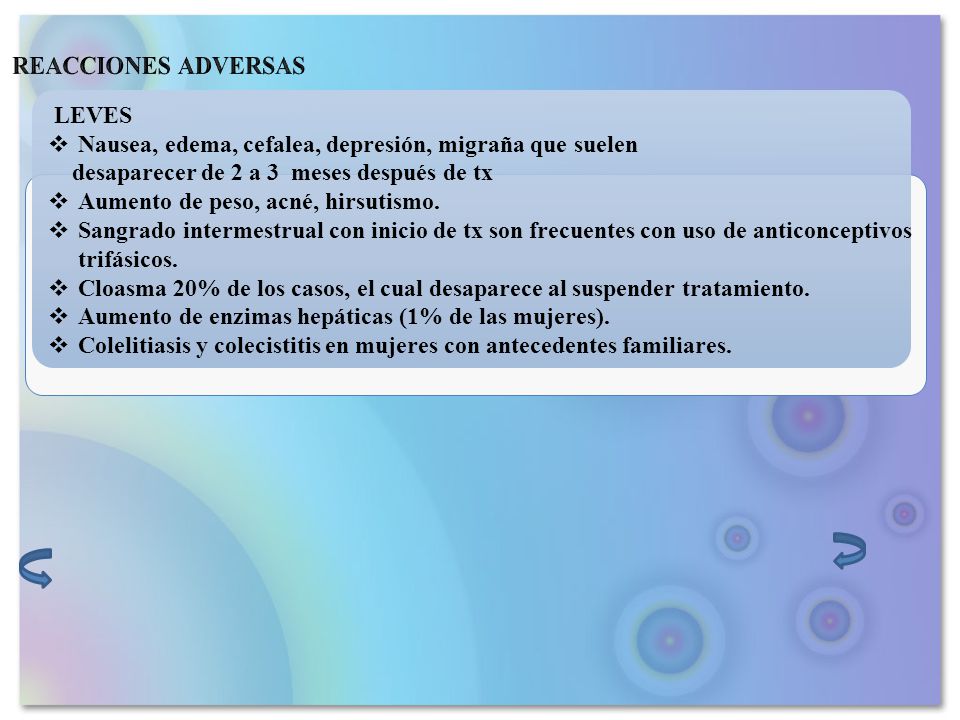 REACCIONES ADVERSAS LEVES. Nausea, edema, cefalea, depresión, migraña que suelen. desaparecer de 2 a 3 meses después de tx.