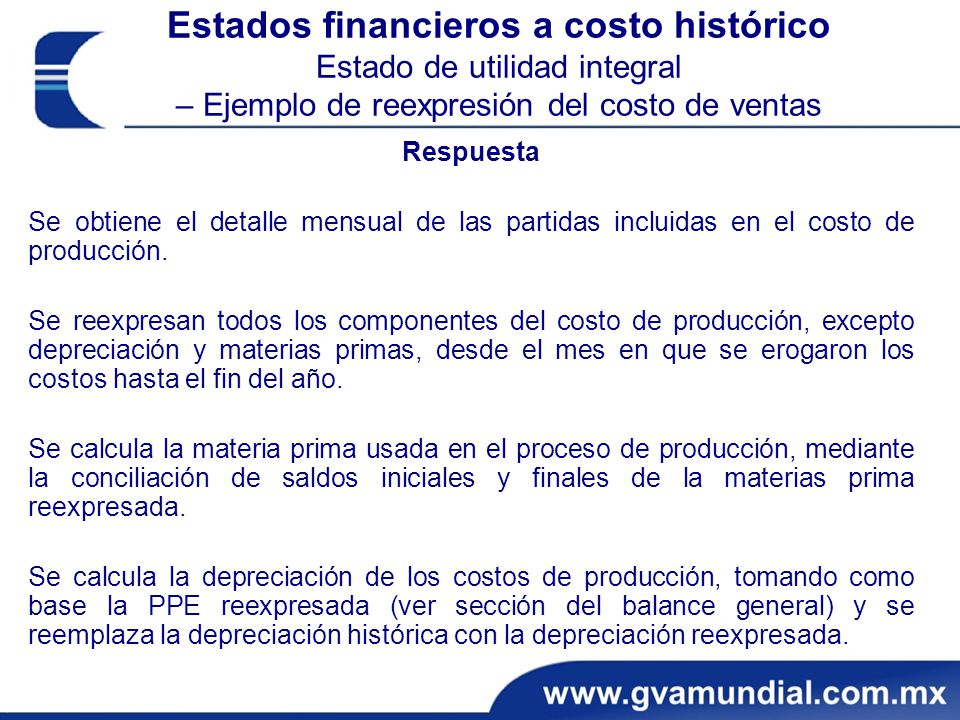 Estados financieros a costo histórico Estado de utilidad integral – Ejemplo de reexpresión del costo de ventas