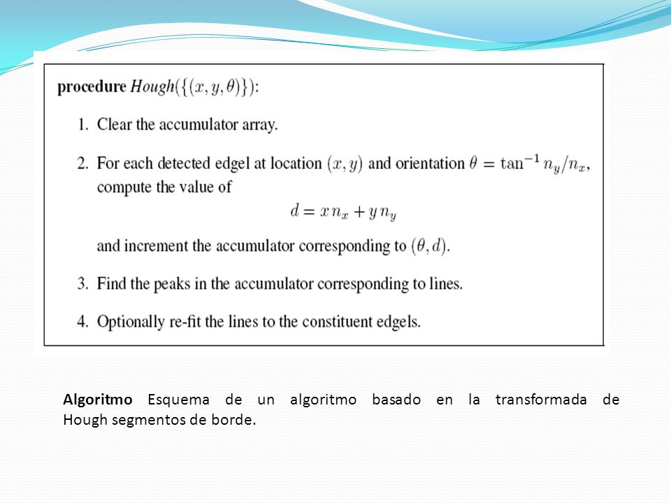 Algoritmo Esquema de un algoritmo basado en la transformada de Hough segmentos de borde.