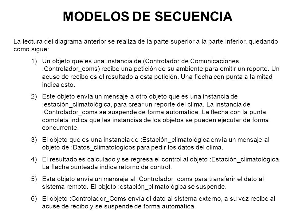 MODELOS DE SECUENCIA La lectura del diagrama anterior se realiza de la parte superior a la parte inferior, quedando como sigue: