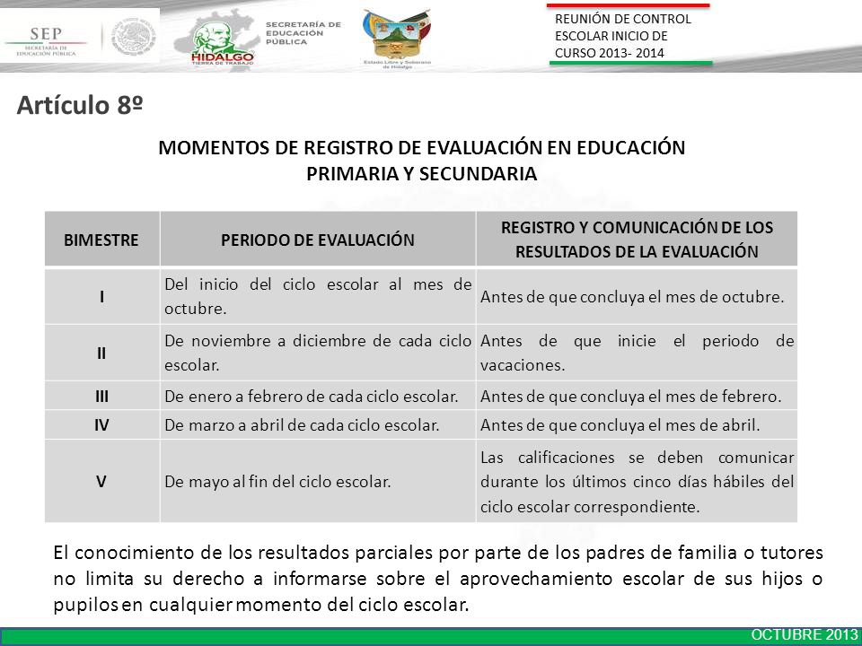 Artículo 8º MOMENTOS DE REGISTRO DE EVALUACIÓN EN EDUCACIÓN PRIMARIA Y SECUNDARIA. BIMESTRE. PERIODO DE EVALUACIÓN.