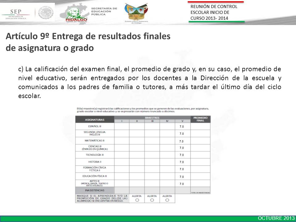 Artículo 9º Entrega de resultados finales de asignatura o grado