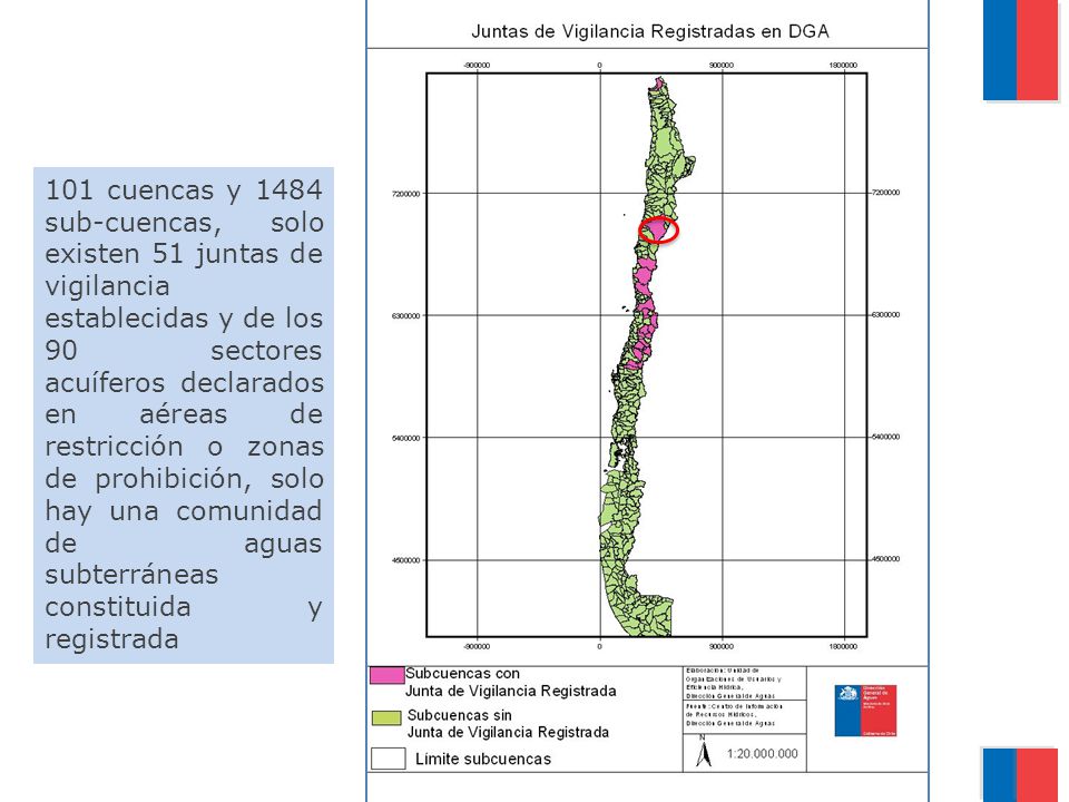 101 cuencas y 1484 sub-cuencas, solo existen 51 juntas de vigilancia establecidas y de los 90 sectores acuíferos declarados en aéreas de restricción o zonas de prohibición, solo hay una comunidad de aguas subterráneas constituida y registrada
