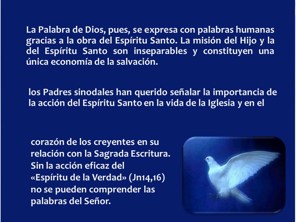 La Palabra de Dios, pues, se expresa con palabras humanas gracias a la obra del Espíritu Santo. La misión del Hijo y la del Espíritu Santo son inseparables y constituyen una única economía de la salvación.
