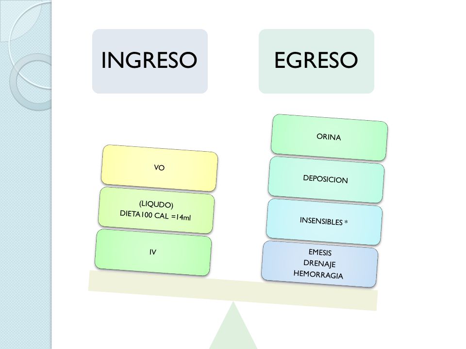 INGRESO IV. DIETA100 CAL =14ml. (LIQUDO) VO. EGRESO. HEMORRAGIA. DRENAJE. EMESIS. INSENSIBLES *