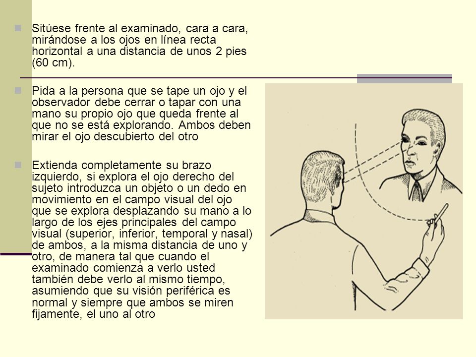 Sitúese frente al examinado, cara a cara, mirándose a los ojos en línea recta horizontal a una distancia de unos 2 pies (60 cm).