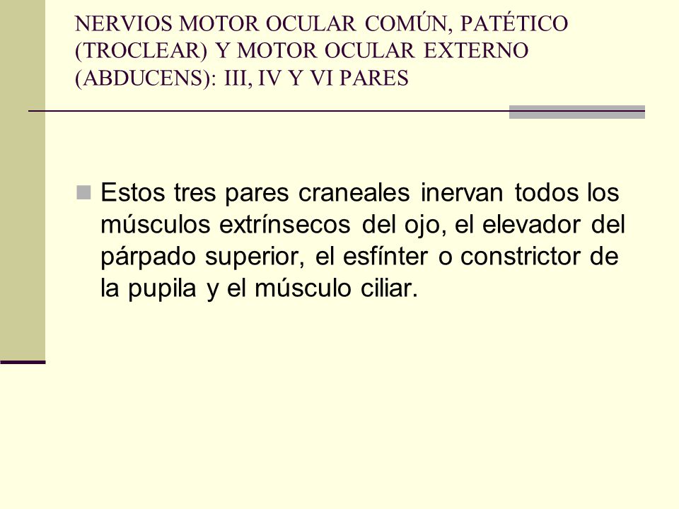 NERVIOS MOTOR OCULAR COMÚN, PATÉTICO (TROCLEAR) Y MOTOR OCULAR EXTERNO (ABDUCENS): III, IV Y VI PARES