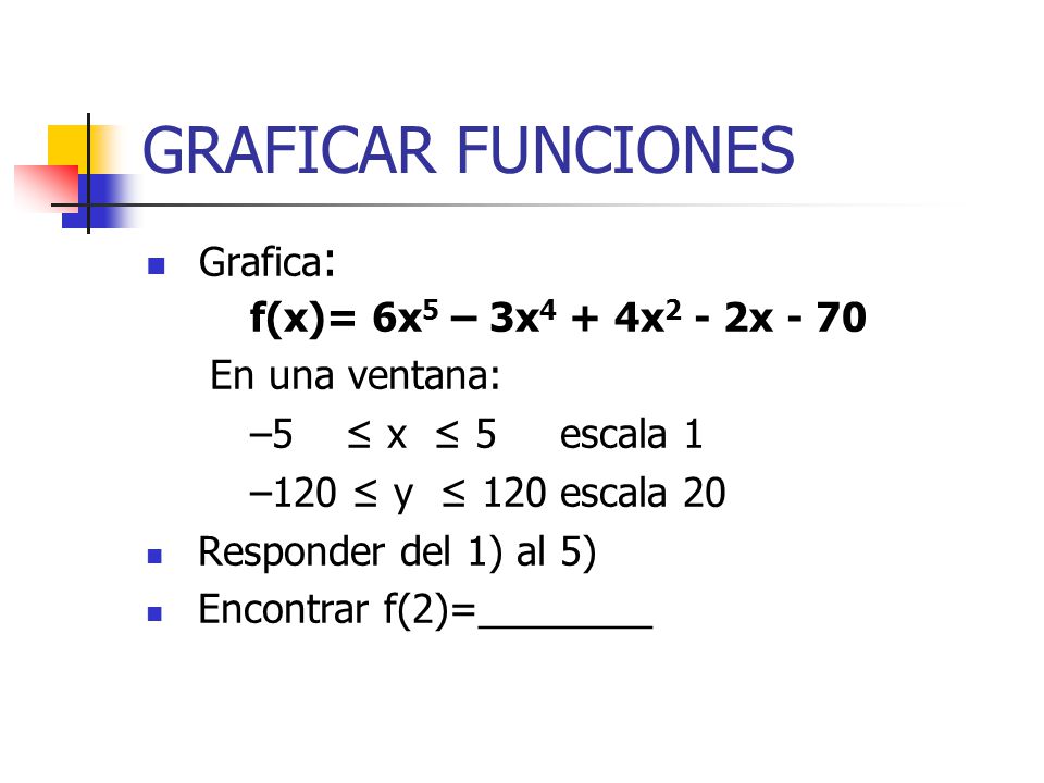 GRAFICAR FUNCIONES Grafica: f(x)= 6x5 – 3x4 + 4x2 - 2x - 70
