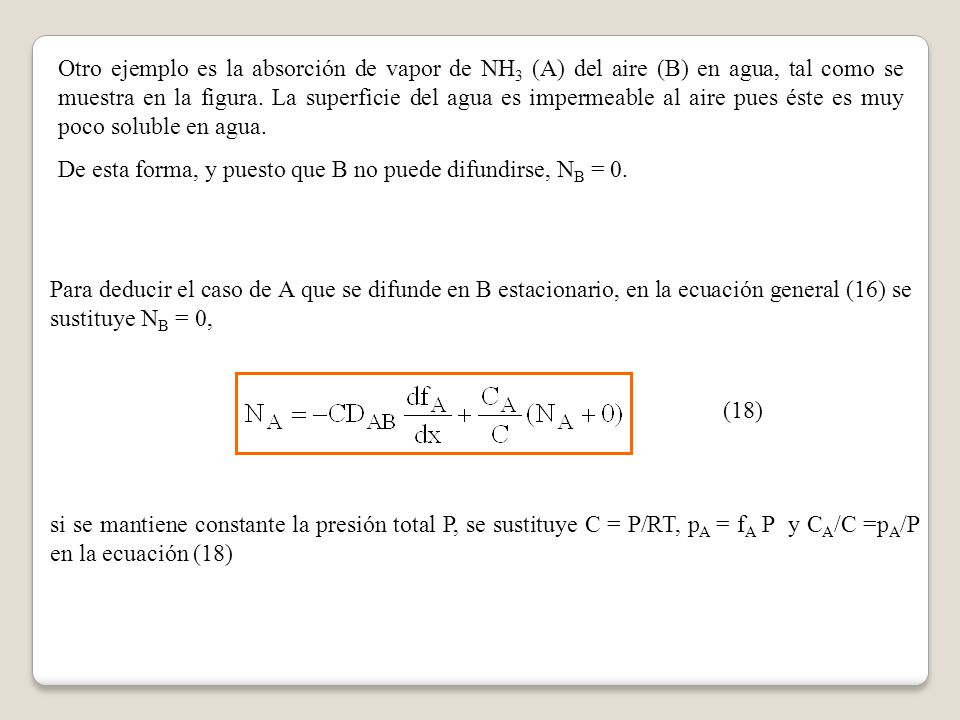 Otro ejemplo es la absorción de vapor de NH3 (A) del aire (B) en agua, tal como se muestra en la figura. La superficie del agua es impermeable al aire pues éste es muy poco soluble en agua.