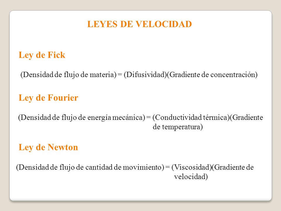 LEYES DE VELOCIDAD Ley de Fick Ley de Fourier Ley de Newton