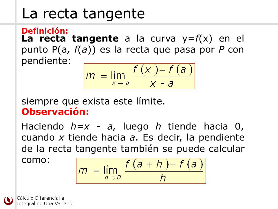 La recta tangente Definición: La recta tangente a la curva y=f(x) en el punto P(a, f(a)) es la recta que pasa por P con pendiente: