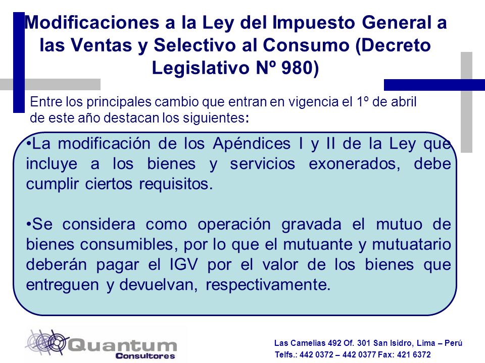 Modificaciones a la Ley del Impuesto General a las Ventas y Selectivo al Consumo (Decreto Legislativo Nº 980)