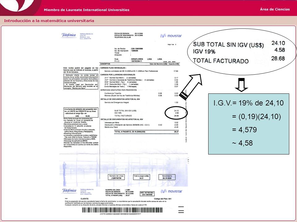 I.G.V.= 19% de 24,10 = (0,19)(24,10) = 4,579 ~ 4,58