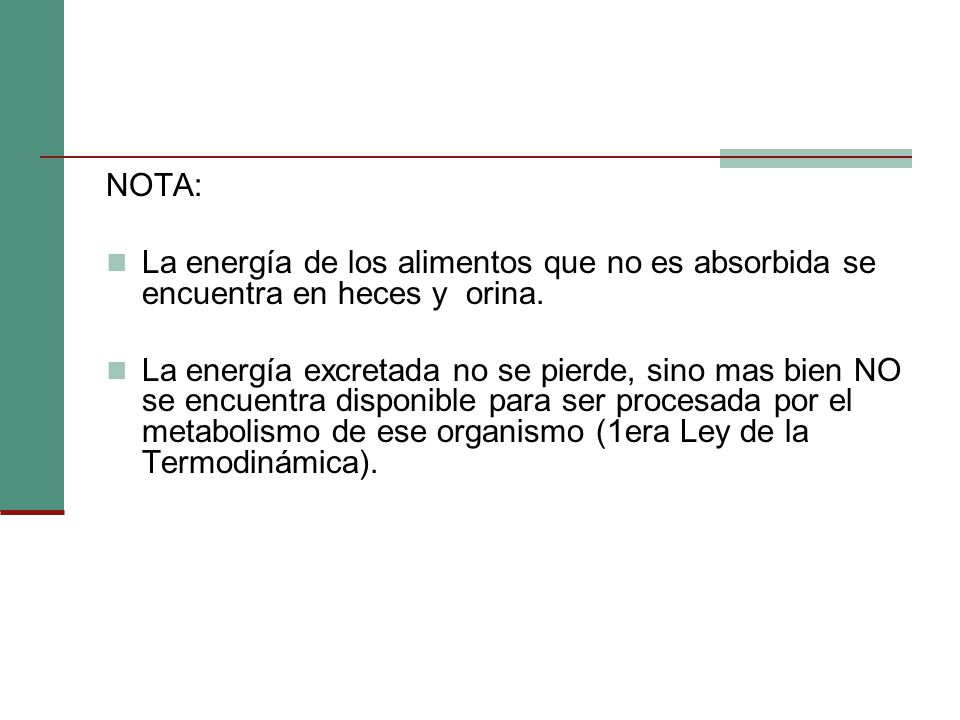 NOTA: La energía de los alimentos que no es absorbida se encuentra en heces y orina.