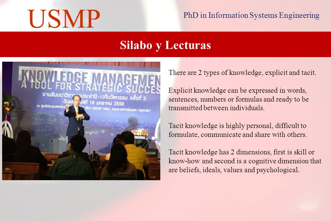 Silabo y Lecturas There are 2 types of knowledge, explicit and tacit.