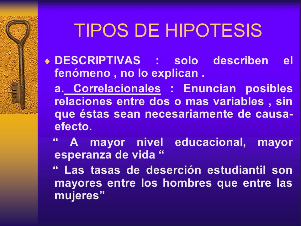 TIPOS DE HIPOTESIS DESCRIPTIVAS : solo describen el fenómeno , no lo explican .