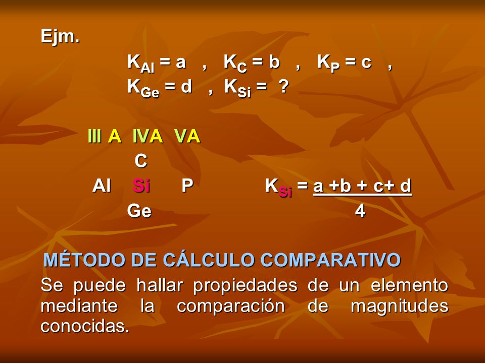 Ejm. KAl = a , KC = b , KP = c , KGe = d , KSi = III A IVA VA C
