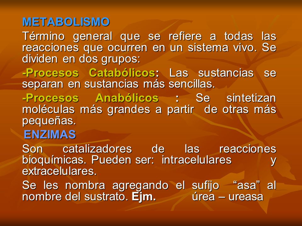 METABOLISMO Término general que se refiere a todas las reacciones que ocurren en un sistema vivo. Se dividen en dos grupos: