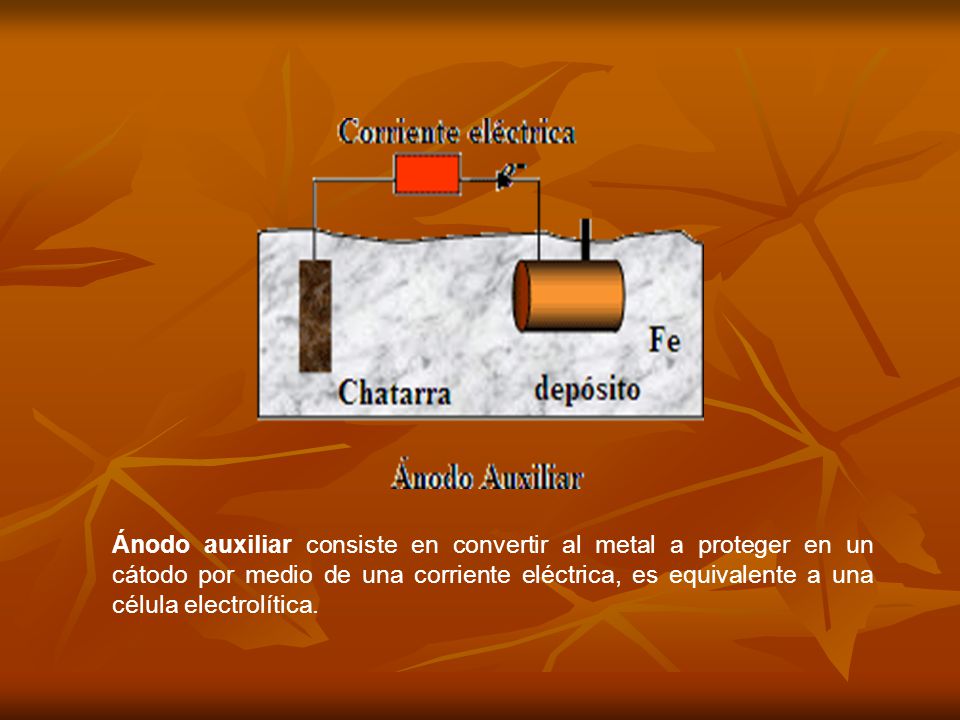 Ánodo auxiliar consiste en convertir al metal a proteger en un cátodo por medio de una corriente eléctrica, es equivalente a una célula electrolítica.