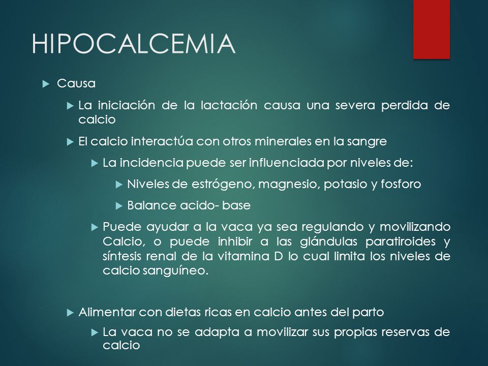 HIPOCALCEMIA Causa. La iniciación de la lactación causa una severa perdida de calcio. El calcio interactúa con otros minerales en la sangre.