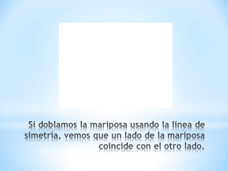 Si doblamos la mariposa usando la línea de simetría, vemos que un lado de la mariposa coincide con el otro lado.