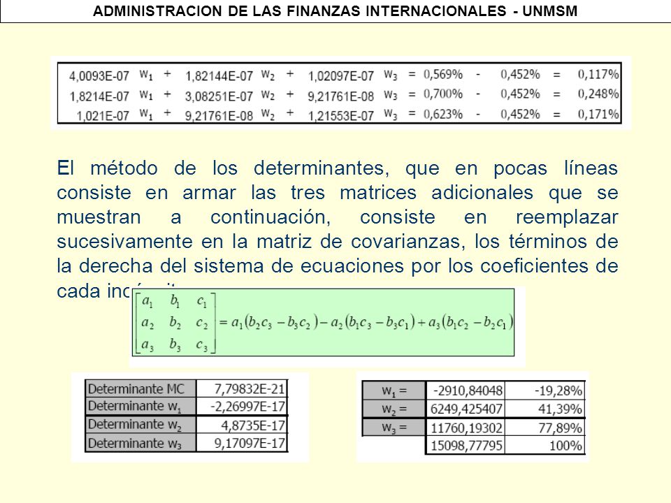 El método de los determinantes, que en pocas líneas consiste en armar las tres matrices adicionales que se muestran a continuación, consiste en reemplazar sucesivamente en la matriz de covarianzas, los términos de la derecha del sistema de ecuaciones por los coeficientes de cada incógnita.