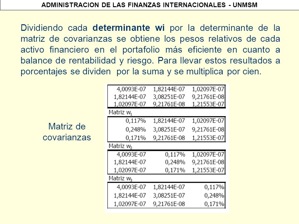 Dividiendo cada determinante wi por la determinante de la matriz de covarianzas se obtiene los pesos relativos de cada activo financiero en el portafolio más eficiente en cuanto a balance de rentabilidad y riesgo. Para llevar estos resultados a porcentajes se dividen por la suma y se multiplica por cien.