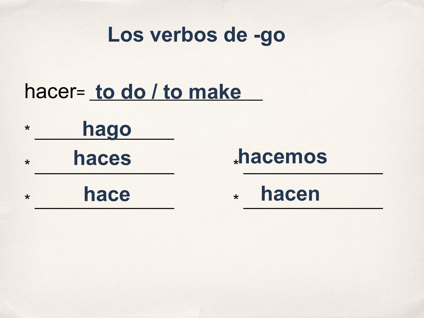 Los verbos de -go to do / to make hago haces hacemos hace hacen